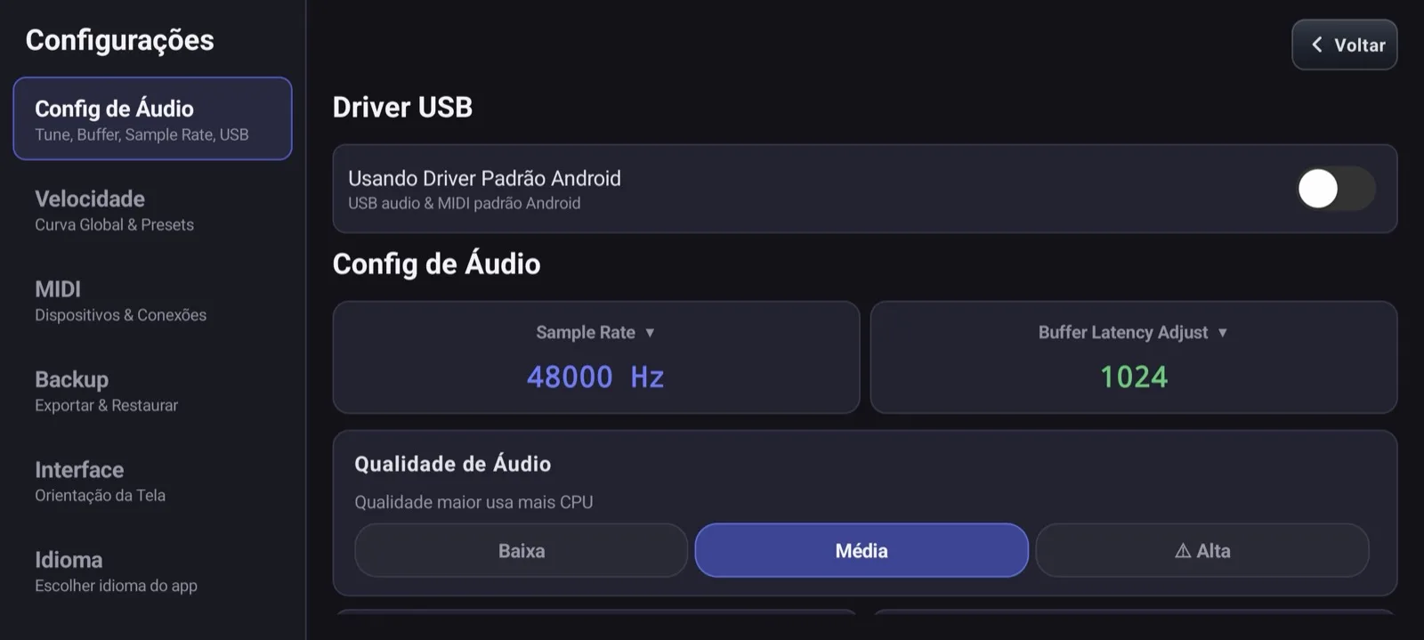 Configuração de Áudio